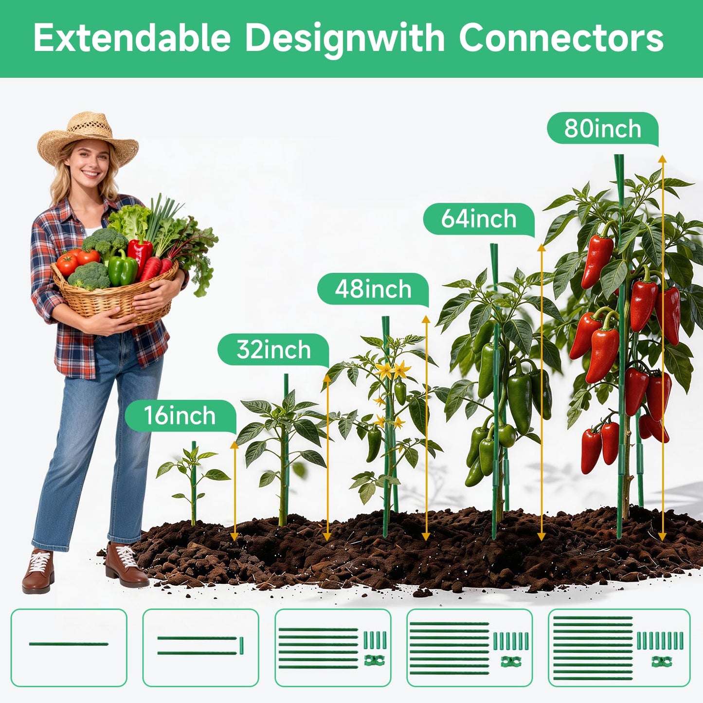 100 Pcs Tomato Stakes 16 Inch Garden Stakes for Outdoor Plants Support Plastic Coated Metal Plant Stakes Supports for Climbing Potted Plants with 50 Connectors 50 Rotatable Clips 165 Ft Twist Tie