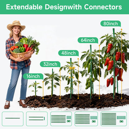 100 Pcs Tomato Stakes 16 Inch Garden Stakes for Outdoor Plants Support Plastic Coated Metal Plant Stakes Supports for Climbing Potted Plants with 50 Connectors 50 Rotatable Clips 165 Ft Twist Tie