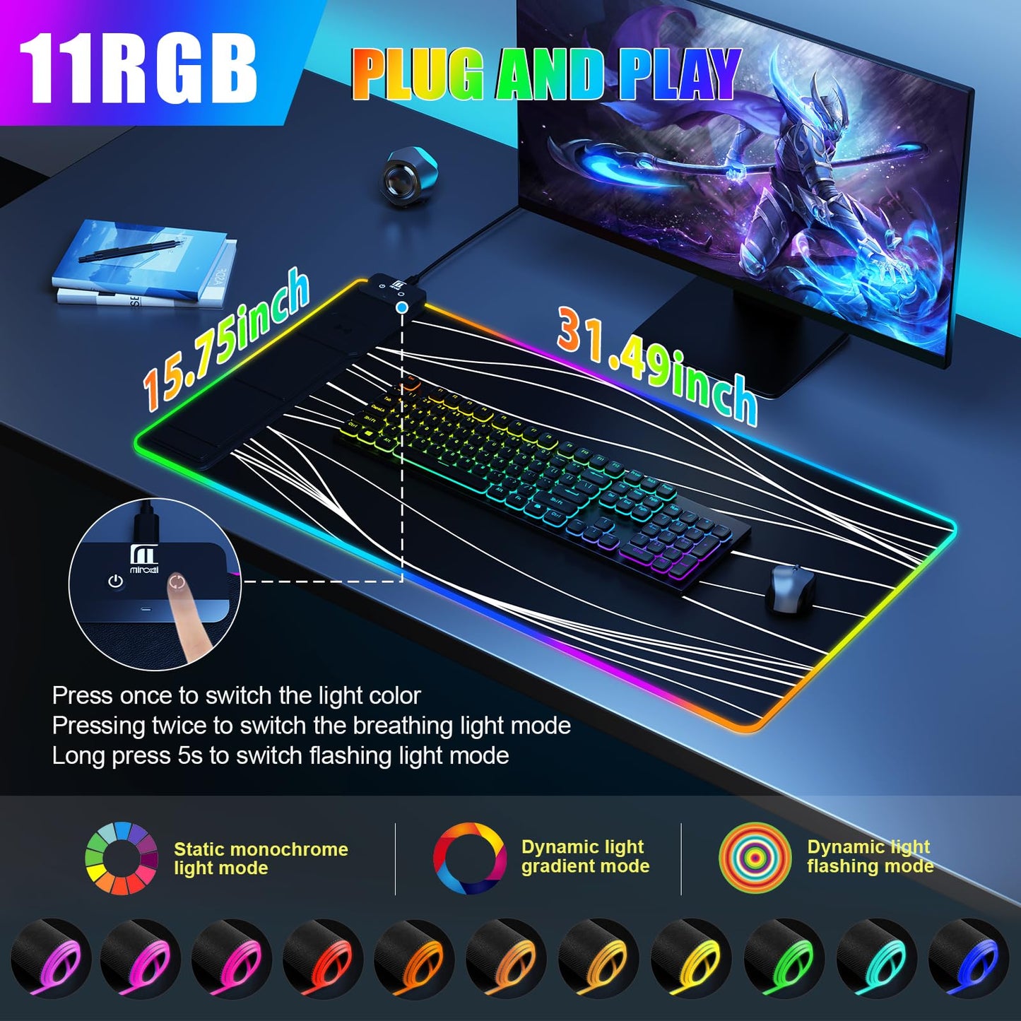 Mouse Pad with Wireless Charging, Large Desk Mat RGB Gaming Mousepad, 10 Light Colors LED Gaming Pad Keyboard Pad with Ultra-Smooth Surface & Non-Slip Rubber Base, Waterproof Full Desk Mouse Pad