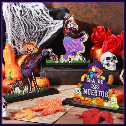 Yerliker 3 Pcs Day of the Dead Table Decorations Mexican Dia De Los Muertos Altar Centerpiece Halloween Sugar Skull Table Topper Wooden Day of the Dead Centerpiece for Halloween Mexican Party Decor