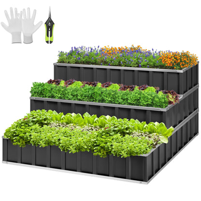VIVOSUN 3-Tier Metal Raised Garden Bed, 46" x 46" x 24" Galvanized Steel Metal Outdoor Planter Box with Gloves and Scissors to Grow Flowers, Vegetables and Herbs for Outdoor Gardening, Dark Gray