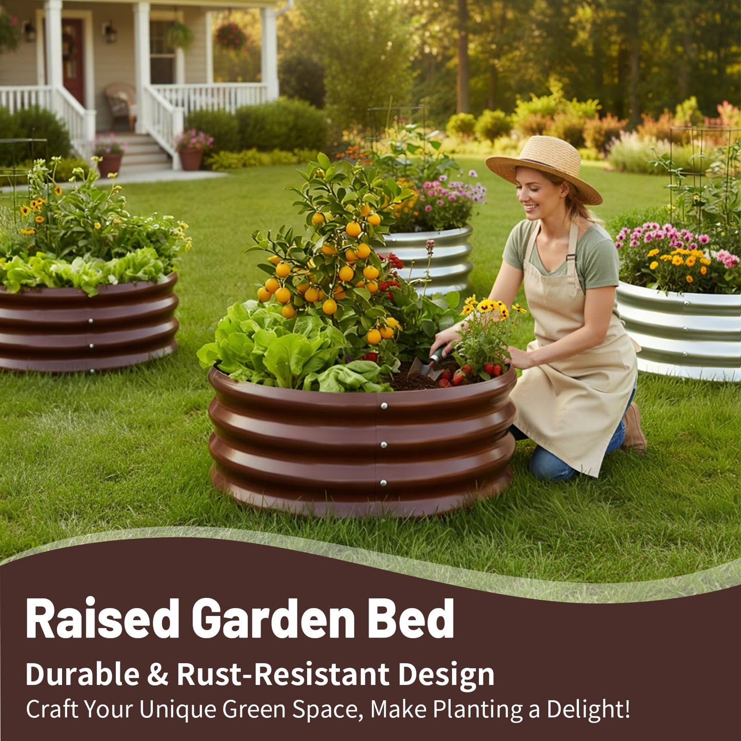 GOOZOO 2PC Galvanized Planter Raised Garden Beds, 2x2x1ft Raised Garden Bed Kit for Gardening Outdoor, Round Metal Land Planter Box for Vegetables, Fruits, Flowers（Brown）