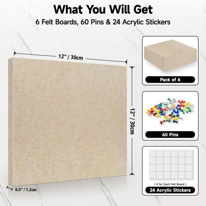 ANLIOTE 6 Pack Cork Board Felt Bulletin Board with 60 Push Pins, 1/2" Thick Pinboard Square Tiles for Wall Organizer - Home Office Classroom Decor, Photo Display, Memo Board (11.8"x11.8"- Beige)