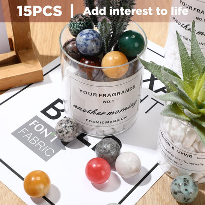 Nuenen 15 Pcs Gemstone Sphere Balls 1 Inch Polished Crystal Sphere Bulk Multi Style Witch Ball Tones Gemstones Pocket Palm Crystals for Witchcraft Meditation Reiki Balancing
