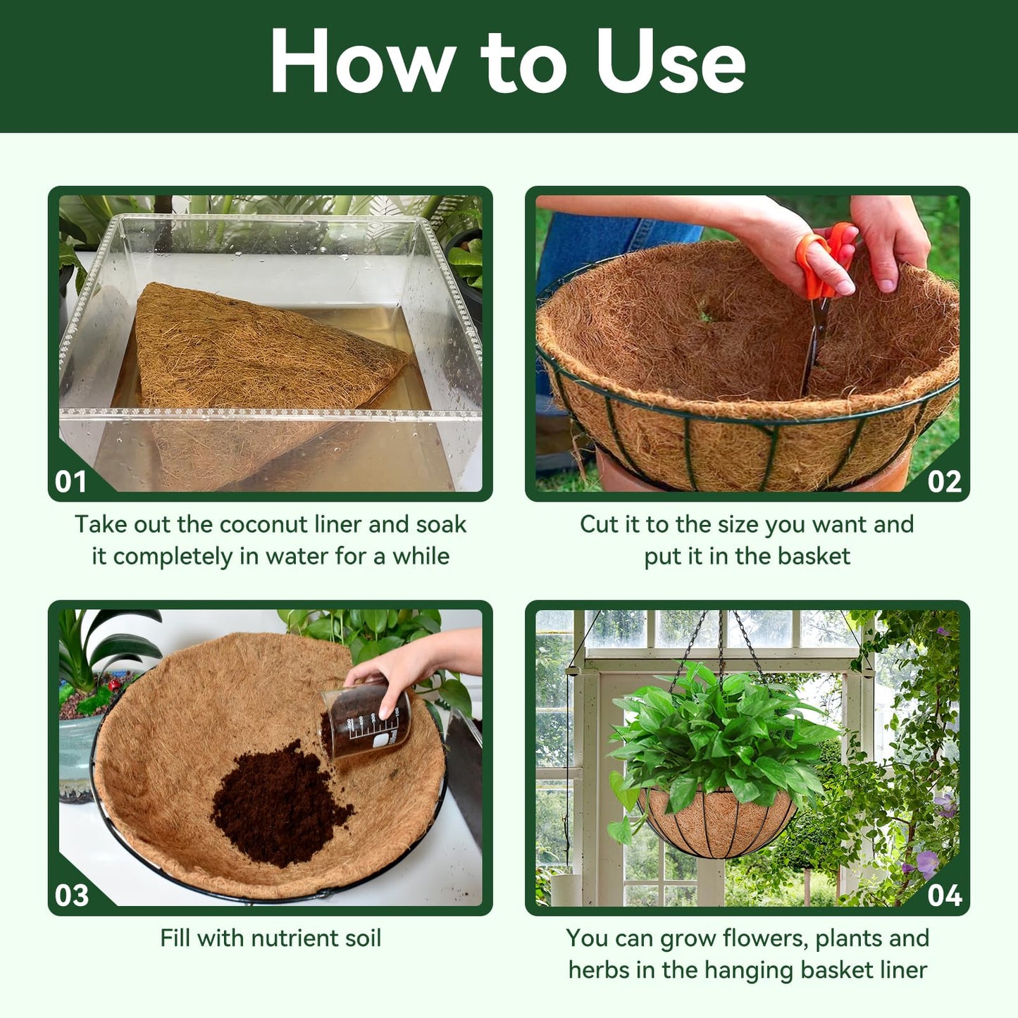 ZeeDix 4 Pack 14 Inch Coconut Liners for Planters, Round Hanging Basket Liners Natural Coco Coir Replacement Liner for Flowers Vegetables Patio Porch Garden Decor