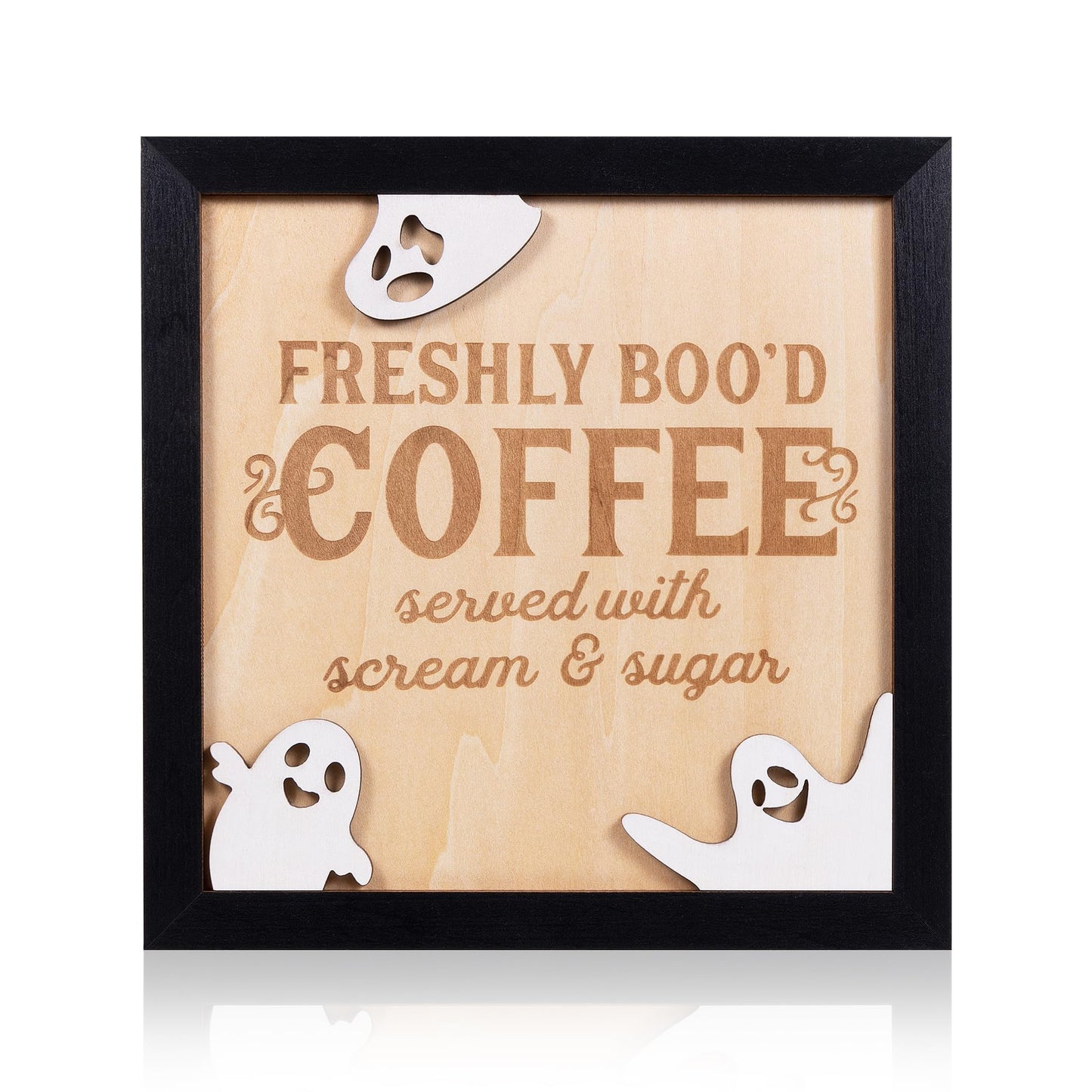 FRESHLY BOO’D COFFEE Halloween Signs with Stand, Funny Halloween Coffee Bar Decorations, Wooden Halloween Kitchen Decor Accessories, Cute Coffee Bar Wood Sign, Halloween Retro Home Decor Room Indoor Stuff