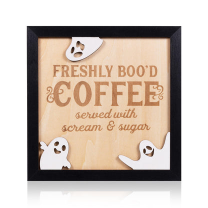 FRESHLY BOO’D COFFEE Halloween Signs with Stand, Funny Halloween Coffee Bar Decorations, Wooden Halloween Kitchen Decor Accessories, Cute Coffee Bar Wood Sign, Halloween Retro Home Decor Room Indoor Stuff
