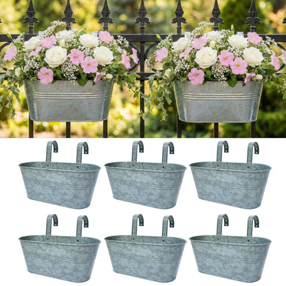 LaLaGreen Outdoor Rail Planter (11.2 Inch, 6 Pack) Silver Metal Iron Hanging Flower Pots Deck Railings Fence Buckets Modern Countryside Boho Style Wall Mount Window Box Plant Holder Hooks Porch Decor