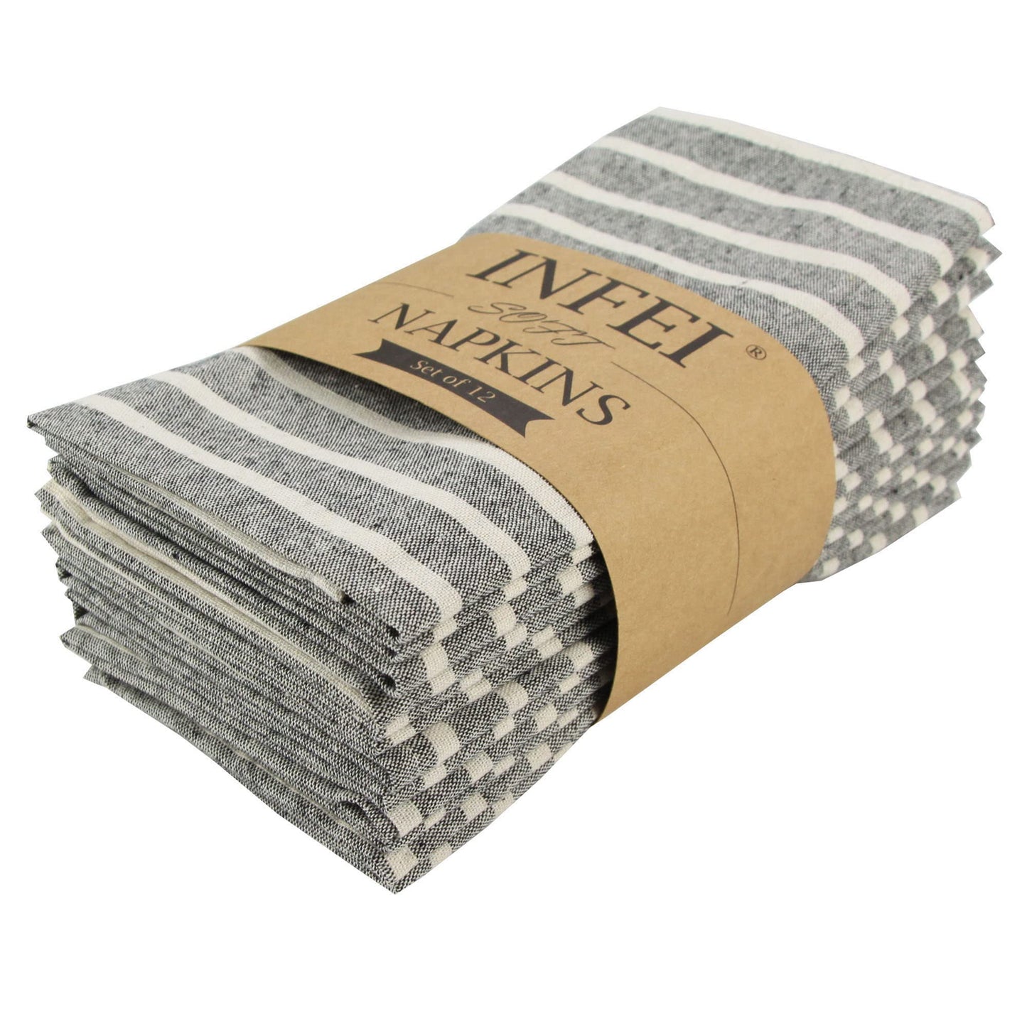INFEI Broad Striped Cotton Blended Dinner Cloth Napkins - Set of 12 (40 x 30 cm) - for Events & Home Use (Black)