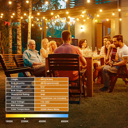 OHLUX Outdoor String Lights, 55FT Shatterproof LED Patio Lights with 26 Dimmable Plastic G40 Bulbs, 2200K Waterproof Connectable Hanging String for Backyard, Cafe, Porch, Deck, E12 Base