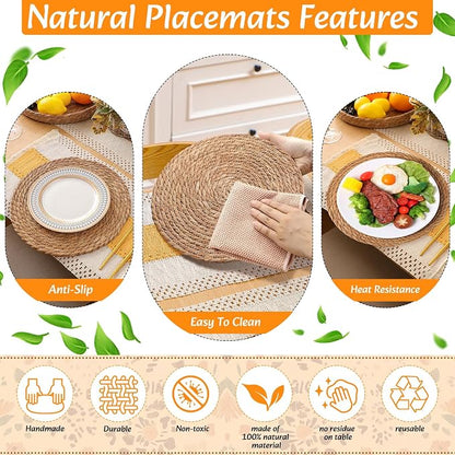 6 Sets Boho Decoration Placemats Round Woven Placemats, Cloth Napkins, Wood Bead Napkin Rings, Long Table Runner and Farmhouse Burlap Cotton for Table Kitchen (Yellow,12x72)