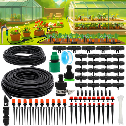 Drip Irrigation System, 100FT Drip Irrigation Kit for Garden - 50FT Main & 50FT Branch Tubing, Adjustable Nozzles for Drip or Mist Cooling, Irrigation System for Garden, Lawn, Patio, Raised Bed