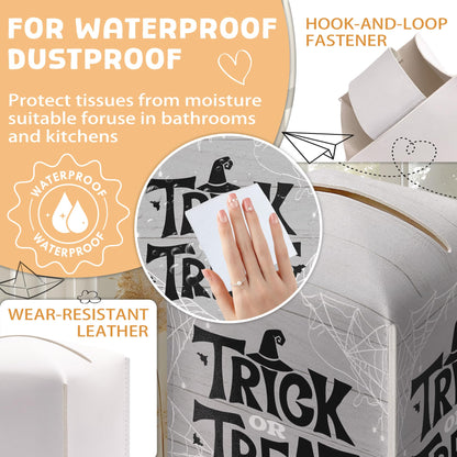 Halloween Trick Or Treat Tissue Box Holder, Spider Web Grey Leather Tissue Box Cover Square, Facial Paper Organizer Dispenser Toilet Paper Holder for Bathroom Kitchen Office Home Decor-A09