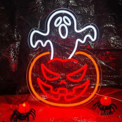 Halloween Pumpkin Neon Sign Decor Indoor, Ghost Halloween Window Lights Decorations LED Neon Sings for Wall Decor (Ghost Pumpkin)