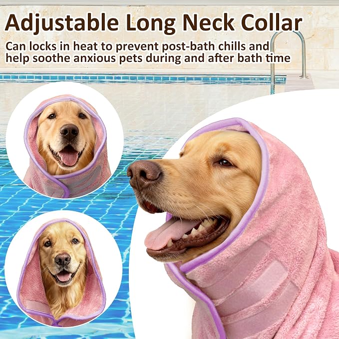Soft Dog Bathrobe Fast Drying Dog Coat, Super Absorbent Dog Towels for After Bath, Microfiber Pet Robe Adjustable Collar & Belly Warm Keeping Dogs Coat for Pet Dogs & Cats (Pink, Medium)
