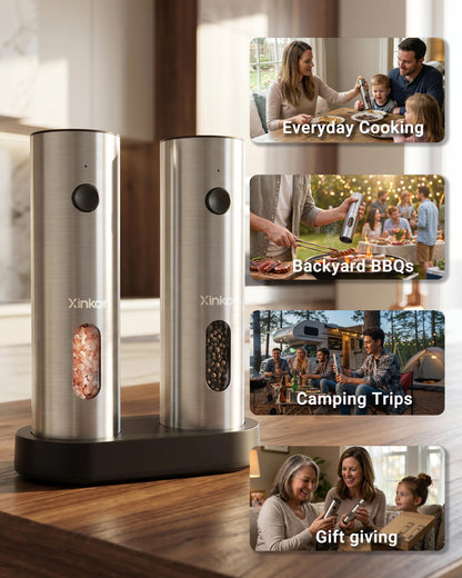 XINKOR Electric Salt and Pepper Grinder Set with USB-C Charging Base, Stainless Steel Automatic Rechargeable Salt and Pepper Grinder with LED Light & Large Capacity, 6 Adjustable Coarseness Settings