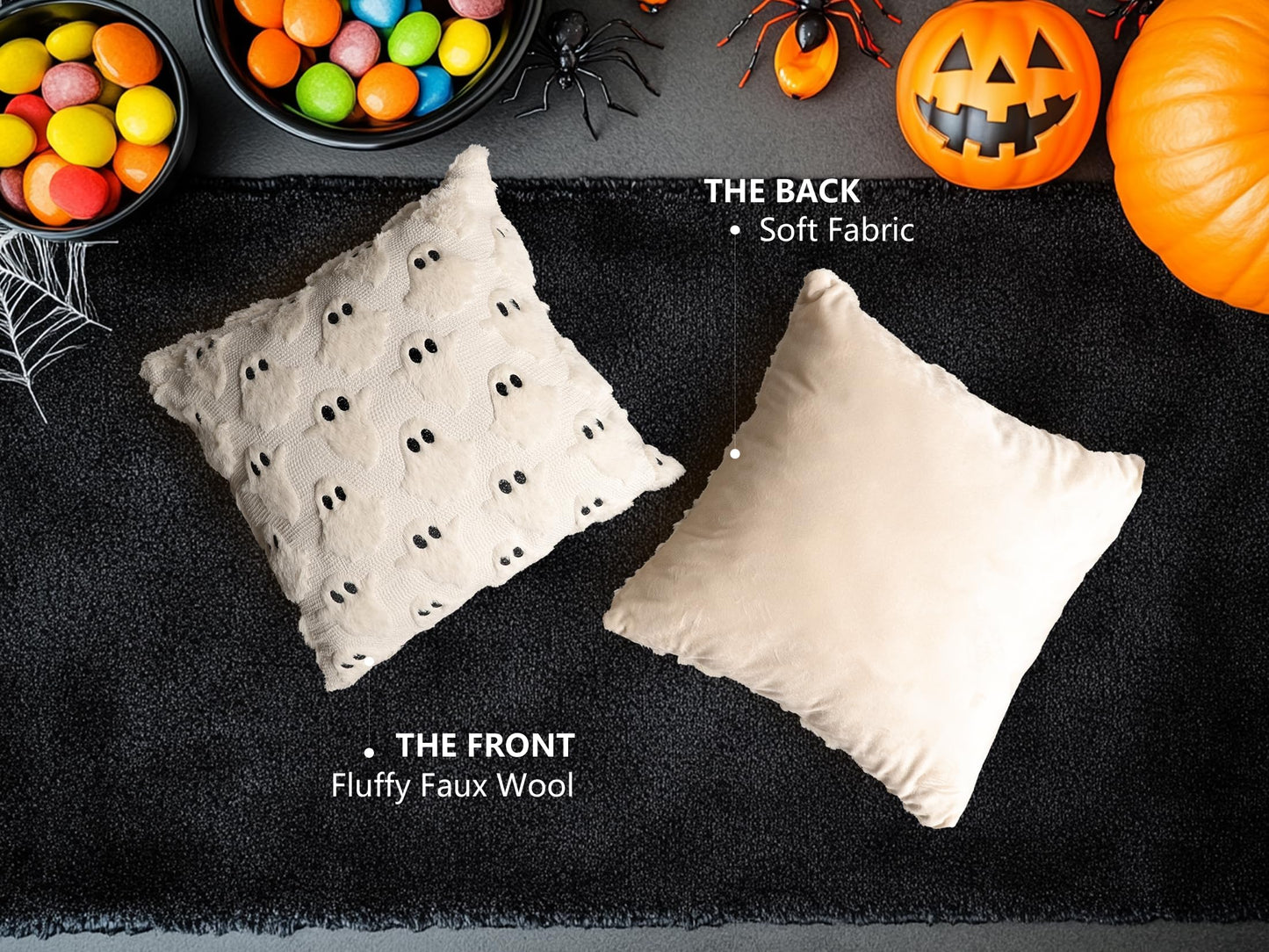 4TH Emotion Halloween Ghost Decorative Pillow Covers 18x18 Set of 2, Beige Soft Plush Faux Fur Farmhouse Throw Cushion Cases for Fall Holiday Home Decorations