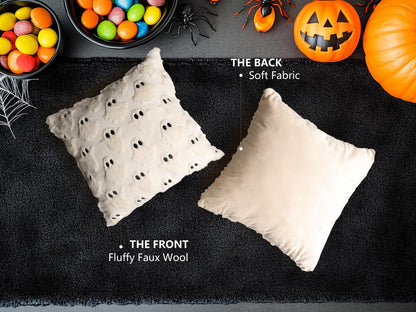 4TH Emotion Halloween Ghost Decorative Pillow Covers 18x18 Set of 2, Beige Soft Plush Faux Fur Farmhouse Throw Cushion Cases for Fall Holiday Home Decorations