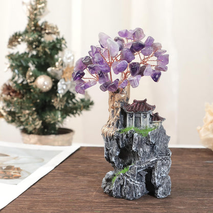 SUNYIK Resin Mountain Tree Fairy House Decor Chakra Crystal Money Tree Miniature Figurine Household Landscape Decor Indoor Garden Village, Amethyst