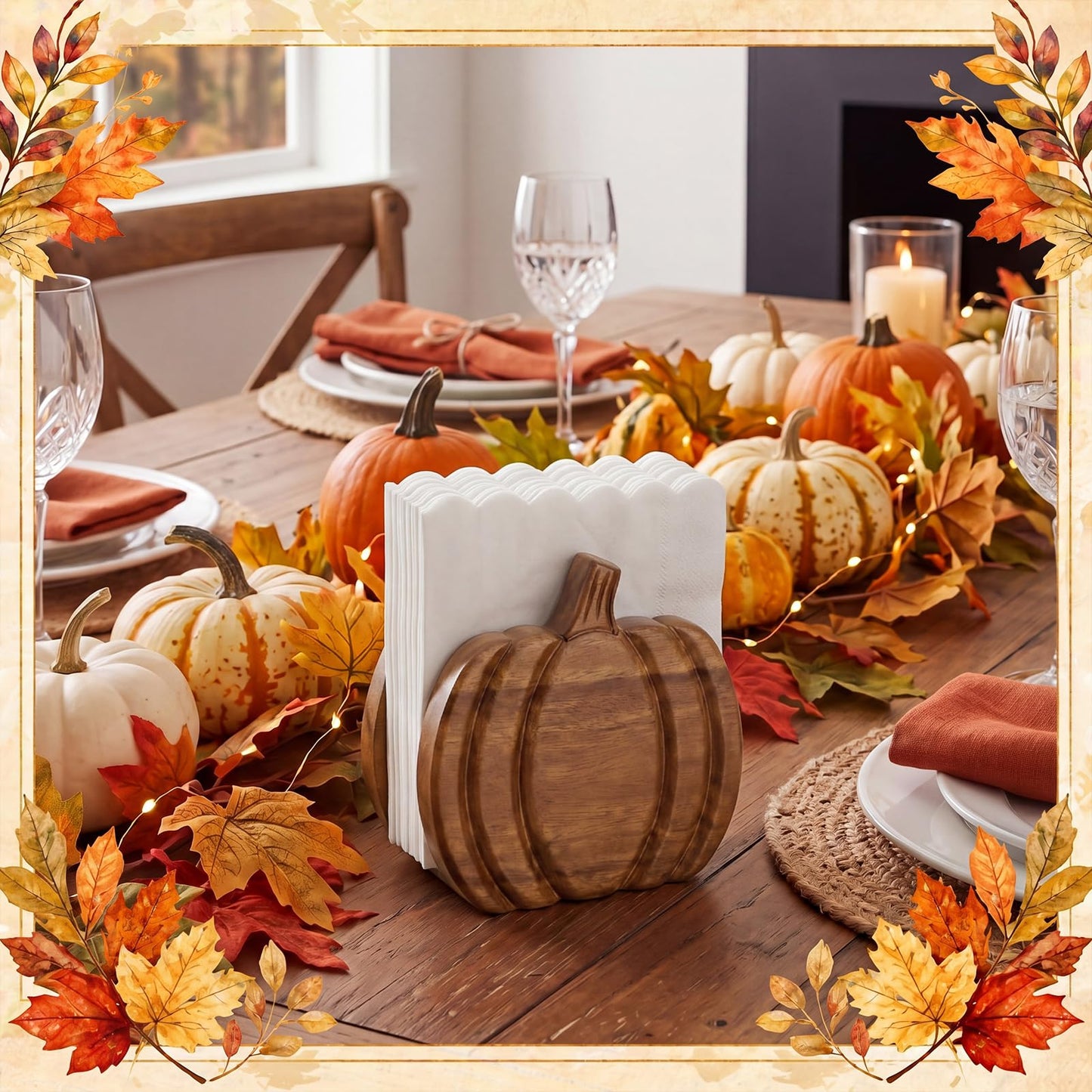 Havawish Wooden Pumpkin Napkin Holder for Table Fall Kitchen Pumpkin Decor Acacia Wood Neutral Tissue Holder Rustic Thanksgiving Centerpieces for Autumn Fall Banquet Thanksgiving Halloween Decoration
