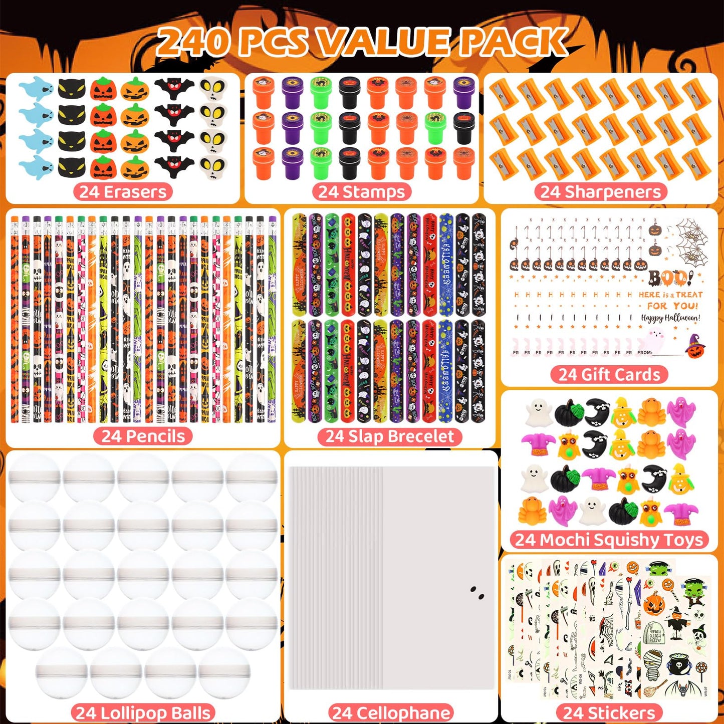 LiYiQ 24Pack Halloween Party Favors, Halloween Classroom Gifts Giant Lollipop Gifts for Birthday Party with Gift Cards, Pencils, Erasers, Stickers, Sharpener for Classroom Exchange Party Gift