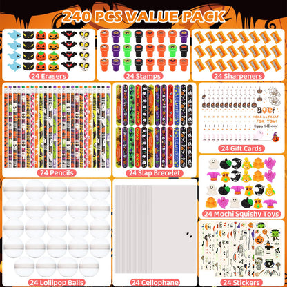 LiYiQ 24Pack Halloween Party Favors, Halloween Classroom Gifts Giant Lollipop Gifts for Birthday Party with Gift Cards, Pencils, Erasers, Stickers, Sharpener for Classroom Exchange Party Gift