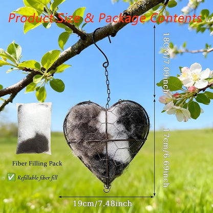Handmade Fiber Bird Nesting Heart with Filler Pack, Winter Shelter & Decorative Garden Gift for Hummingbirds and Wild Birds