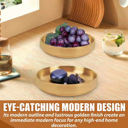 Key Bowl for Entryway-2 Pack Gold Table Decorative Key Dish for Organizing Tabletop Catch All Bowl Gold Fruit Bowls for Kitchen Counter, Coffee Table-Thick SUS 304 Stainless Steel 6.3"