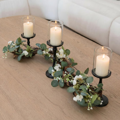 Eucalyptus Table Centerpiece with Candle Holders, Farmhouse Dining Table Decor, Rustic Greenery Centerpiece for Coffee Table, Mantle, Entryway, Wedding & Home Decor (Black)