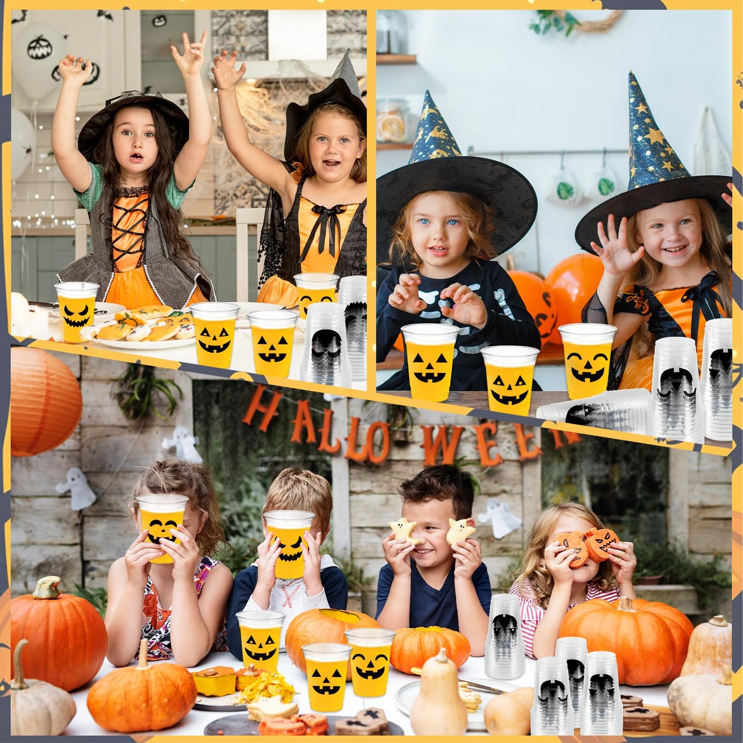 CUPLOOV 100 Pack Halloween Plastic Cups Clear 12Oz Disposable Pumpkin Cups With 5 Styles Patterns for Kids Adults Party Favors, Coffee, Wine, Hot and Cold Drinks
