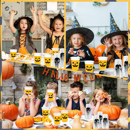 CUPLOOV 100 Pack Halloween Plastic Cups Clear 12Oz Disposable Pumpkin Cups With 5 Styles Patterns for Kids Adults Party Favors, Coffee, Wine, Hot and Cold Drinks