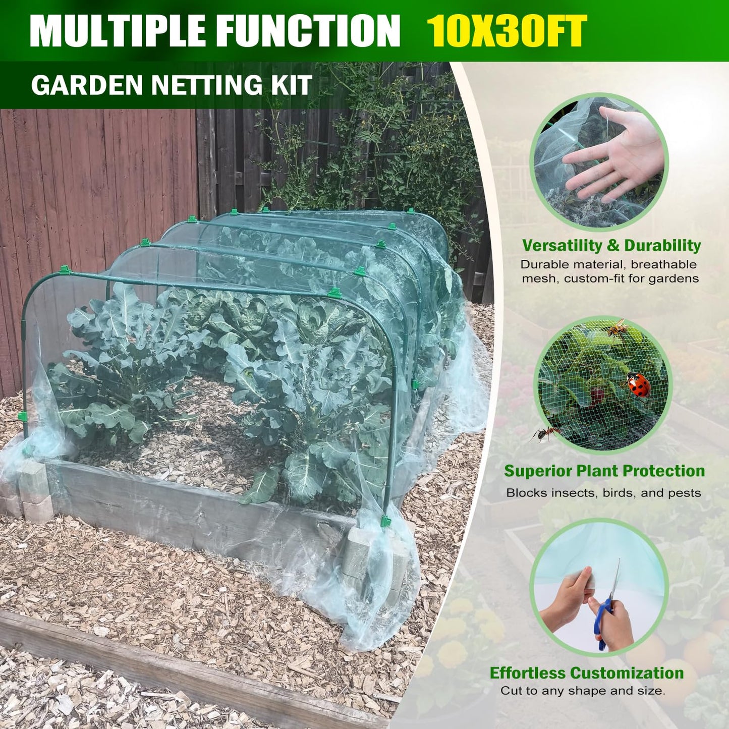 Garden Mesh Netting Kit, 10x30FT Green Ultra Fine Netting with 6 Sets Wide Garden Hoops & 18 Clips, Raised Garden Bed Netting with Frame, Row Cover, Plant Barrier for Vegetables Fruits