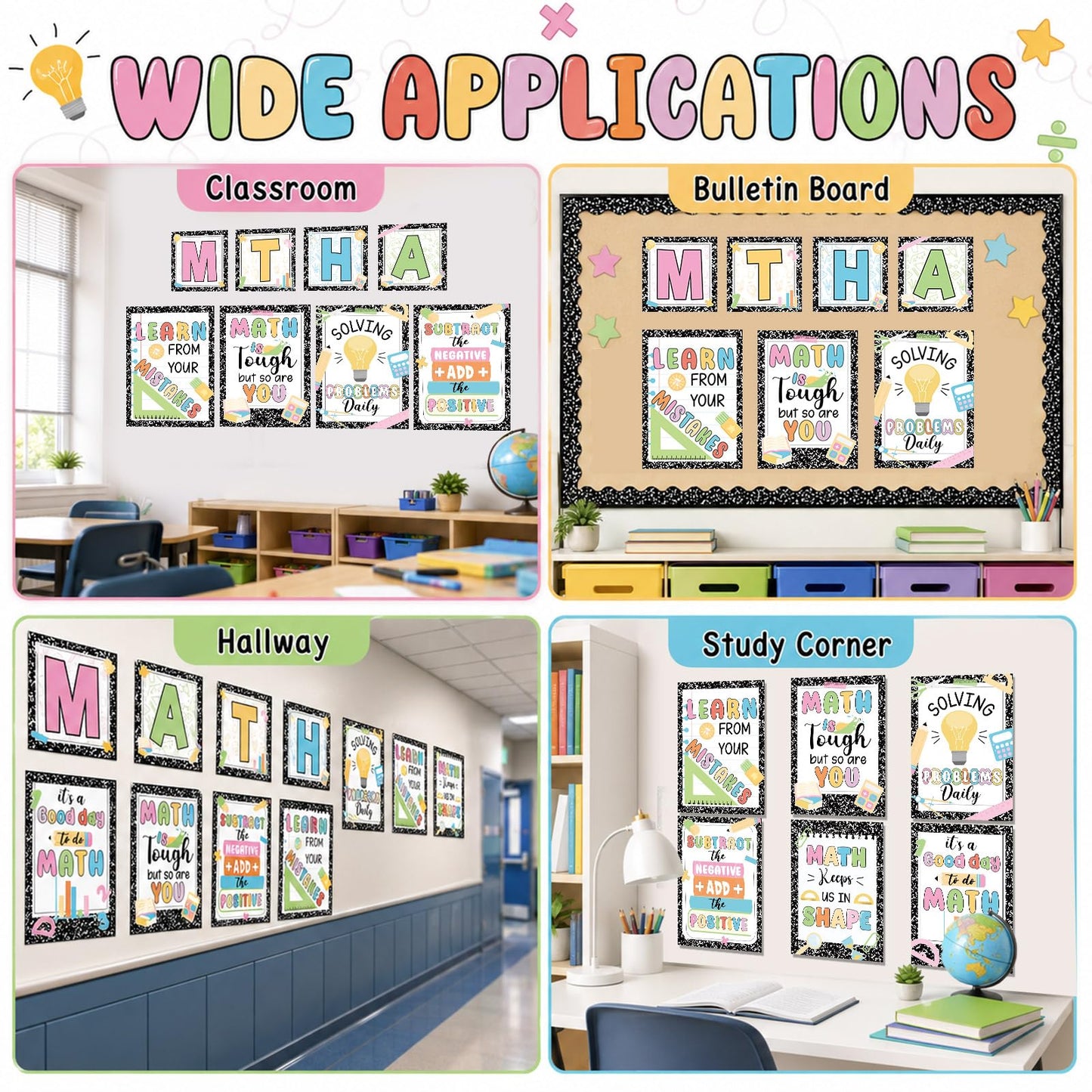 10PCS Composition Math Posters Math Inspirational Wall Chart Black White Speckle Classroom Decor Educational Mathematics Bulletin Board Decor for Elementary Middle School Teacher Chalkboard Supplies