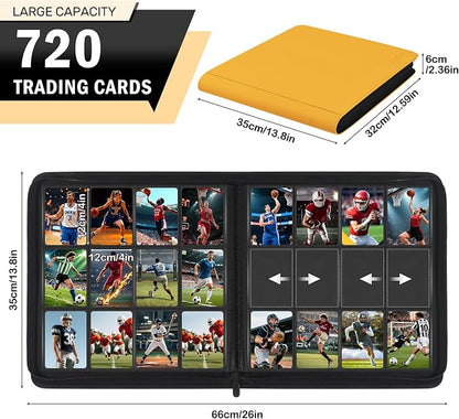 12 Pocket Zipper Trading Card Binder, 720 Large Capacity Side Loading Non-Ring Card Album, Double Sided Acid-Free Card Protector Binder for TCG, MTG, Sport Card, Yellow