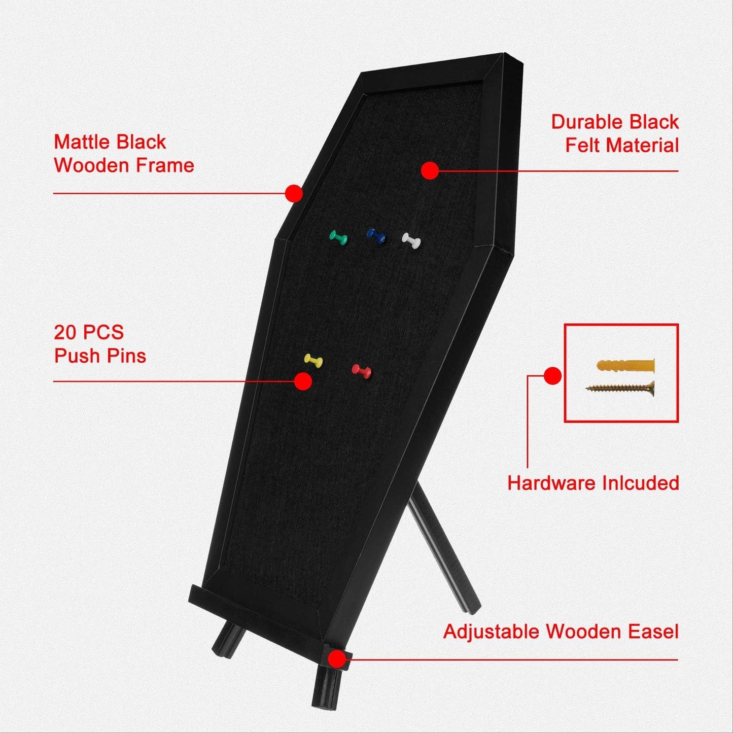 Gothvanity Coffin Pin Display Board - Wooden Felt Bulletin Board for Table Top or Wall - Gothic Decor for Home, Office and School - 17 x 11 Inches - Black