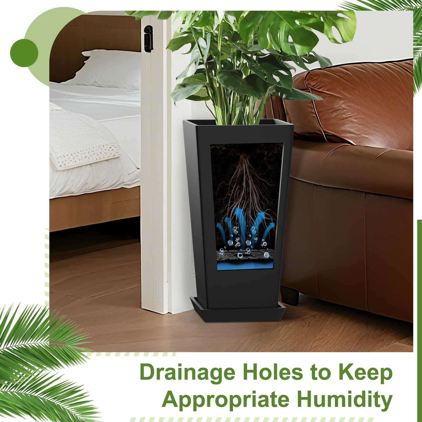 YESUNEED 24" Tall Planters for Outdoor Plants, Set of 2 Large Outdoor Planters for Front Porch Decor with Drainage Hole, Tall Planter (Black)