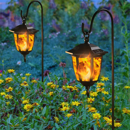 Dynaming 6 Pack Solar Flame Hanging Lights Outdoor, Halloween Solar Flickering Flame LED Garden Lanterns with 6 x 38 Inch Shepherd Hooks, Christmas Lighting for Lawn Patio Yard Pathway Driveway