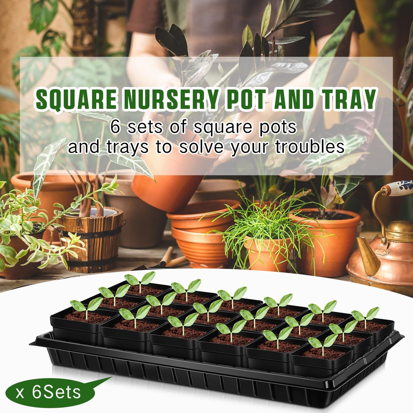 Barydat 6 Set Seed Starter Trays with 108 Pcs Square Nursery Pots 20 x 10 Inch Microgreens Plant Growing Large Seed Starting Trays Square Plant Pot for Seedlings Indoor Gardening or Hydroponic