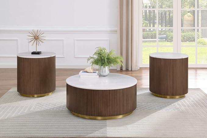 Coaster Home Furnishings - Jason - Wood and Metal - 3-Piece Coffee Table Set with Marble Tops, Reeded Drum Bases, and Gold Ring Accents - Living Room - Honey Brown and White Marble - 712418-S3