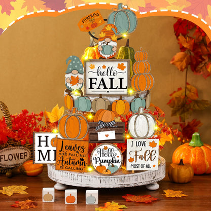 FairySandy 21 Pcs Fall Tiered Tray Decoration Set Fall Table Sign Pumpkins Farmhouse Decor Gnome Maple Leaves Centerpieces Thanksgiving Harvest Wood Decorative Blocks Tabletop Sign for Autumn(Pumpkin)