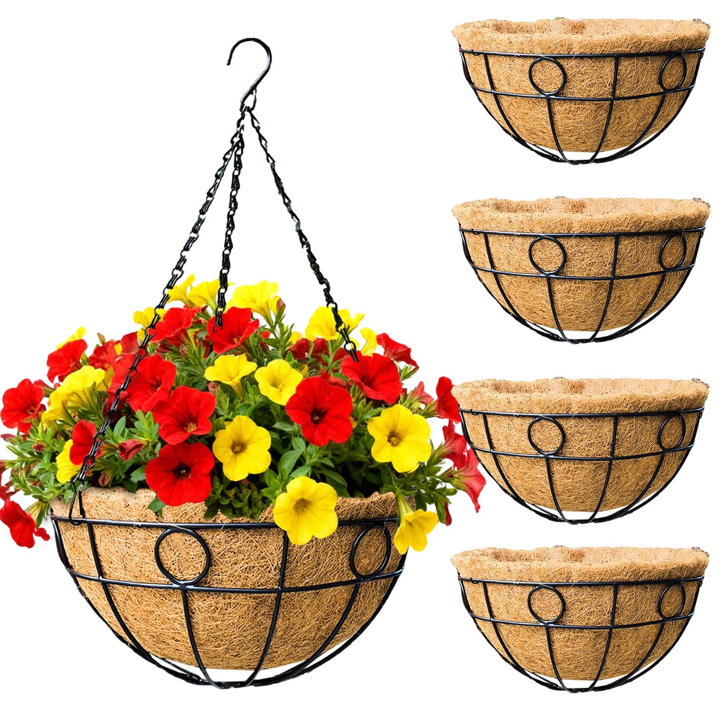 JFFLYIT 4 Pack 12" Round Metal Hanging Basket for Outdoor Plants Durable Large Hanging Planter with Coco Coir Round Plant Holders Planter for Outside Garden Decoration (Circular)