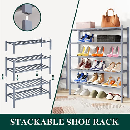 Smiry Bamboo Shoe Rack, 2 Tier Free Standing Wooden Shoe Organizer, Stackable Wood Shoe Storage Shelf for Closet, Entryway, 12 Vertical Slats, One-piece Standard Legs, 26.8"x11"x13", Grey