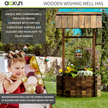 Aoxun Outdoor Wooden Wishing Well Planters with Hanging Bucket, Garden Helper, Rustic Garden Decor for Outside, Yard and Patio, Upgrade - Reinforced Base, Brown