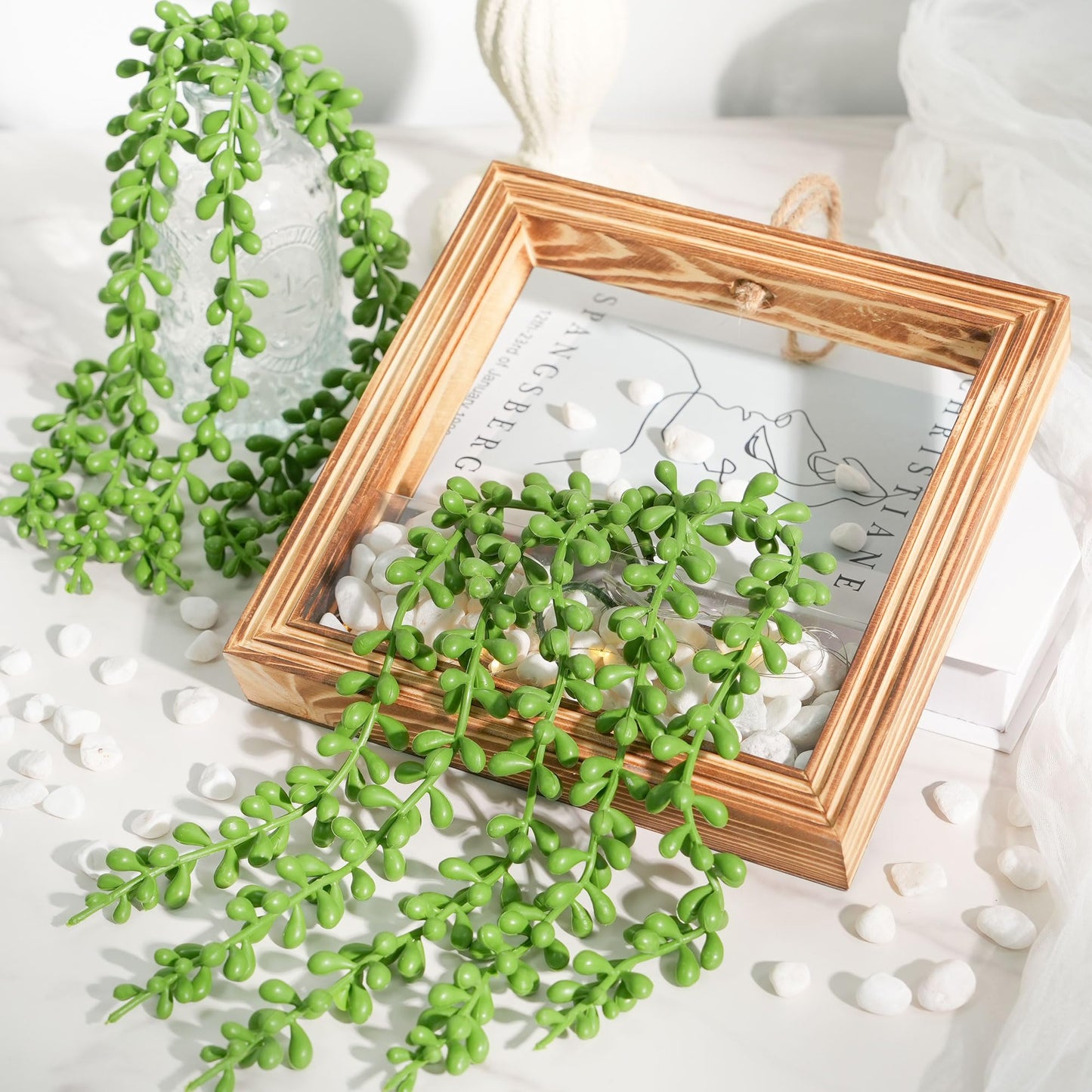 FancyPlus 2 Pack Fake Plants Hanging, Artificial Succulents Plants in Square Wooden Frame with LED Lights, Boho Wall Decor for Office Living Room Bathroom Bedroom Kitchen Indoor Outdoor, Burnt Wood