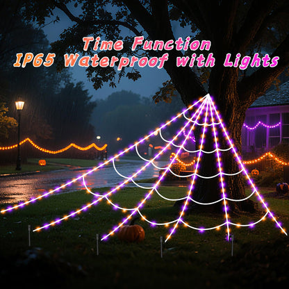 Halloween Spider Giant Web Lights: 350 LED Lighted Giant 23 Ft Halloween Decorations Light up with 8 Lighting Modes Outdoor Indoor Yard House Decor, Purple & Orange (350LED 23FT Giant Spider Web)