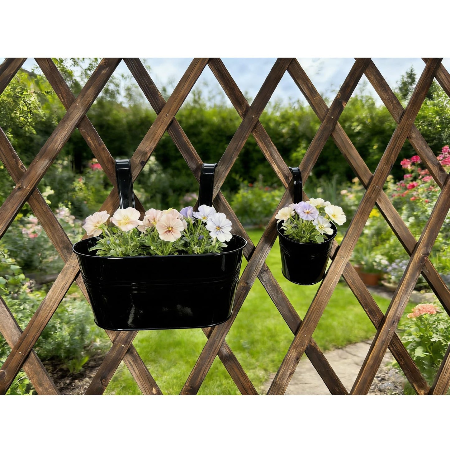 Joyfernal Pack of 4 Metal Hanging Planters for Outdoor Plants, 2 Pcs 4" Round Railing Planter & 2 Pcs 10" Oval Fence Flower Pots for Balcony Garden Decor, Black