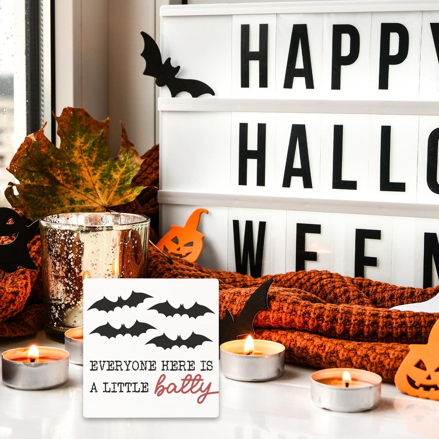 5 Inches Halloween Wooden Block Sign - Everyone Here Is A Little Batty - Spooky Bats Rustic Wooden Sign - Halloween Party Tabletop Decor For Haunted House Home Desk - Favors For Friends Family - A06