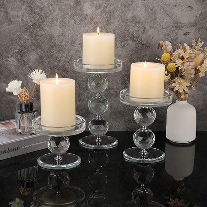 OwnMy Set of 3 Crystal Glass Pillar Candlestick Holders Clear Pillar Candle Holders Sets, Tealight Votive Candle Stands Modern Candle Centerpiece for Living Room Wedding Decor