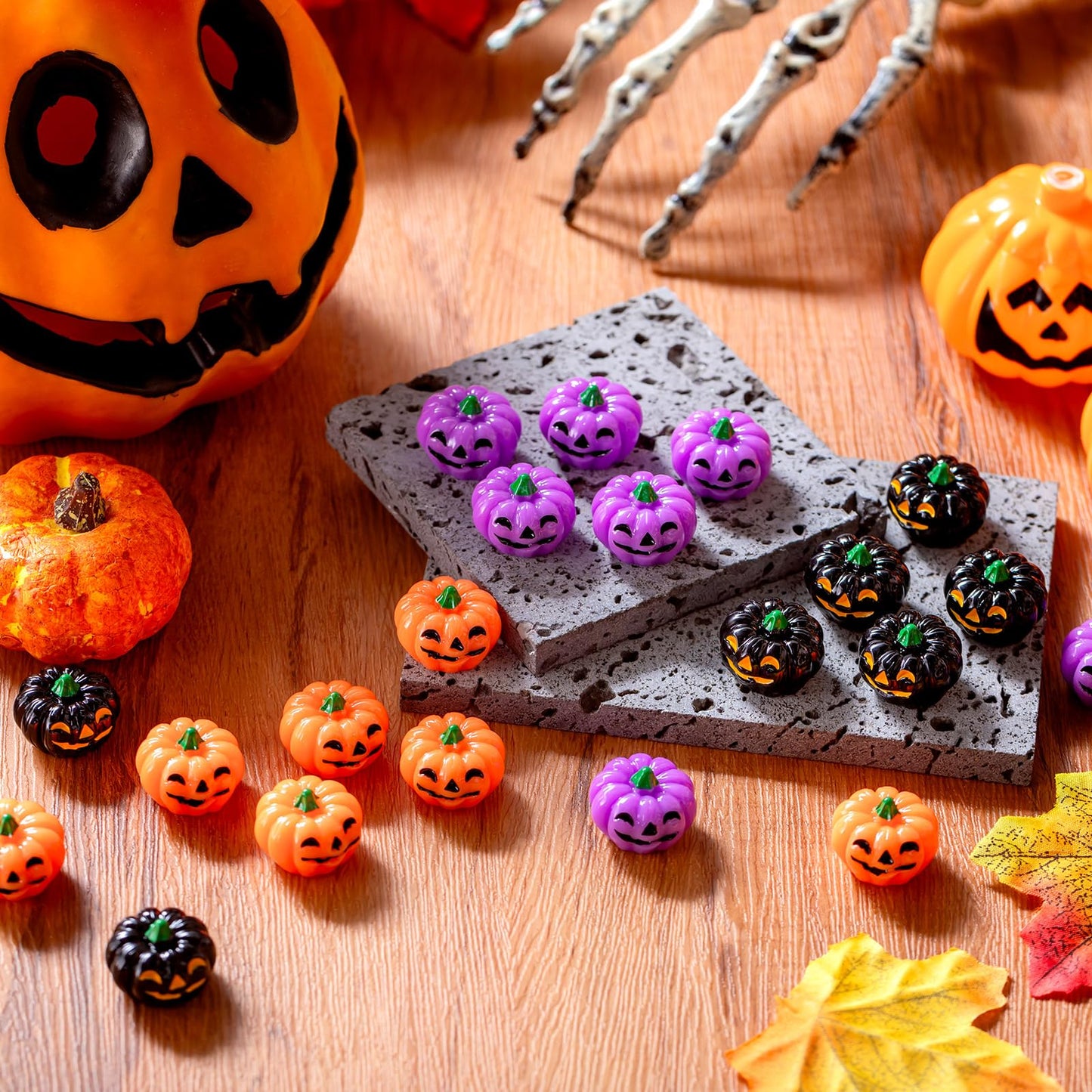 Yalikop 60 Pcs Mini Resin Pumpkin Halloween Miniature Grimace Pumpkin Tiny Vegetable Decor for Halloween Thanksgiving Fall Harvest Festival Party DIY Craft Home Table Decor(Orange, Purple and Black)