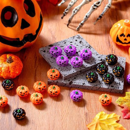 Yalikop 60 Pcs Mini Resin Pumpkin Halloween Miniature Grimace Pumpkin Tiny Vegetable Decor for Halloween Thanksgiving Fall Harvest Festival Party DIY Craft Home Table Decor(Orange, Purple and Black)